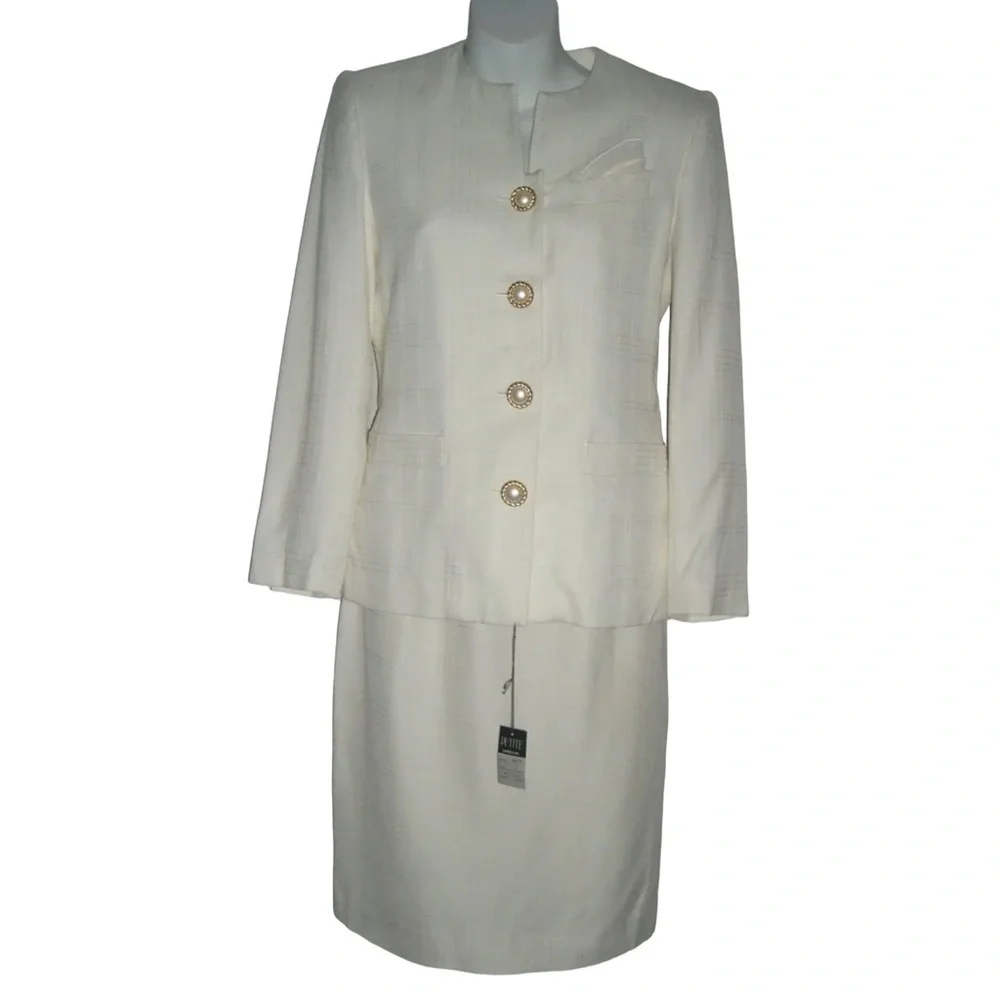 Vintage 90's Petite Sophisticate Suit Plaid Ivory Pearl Buttons Blazer Suit NWT - Picture 2 of 16